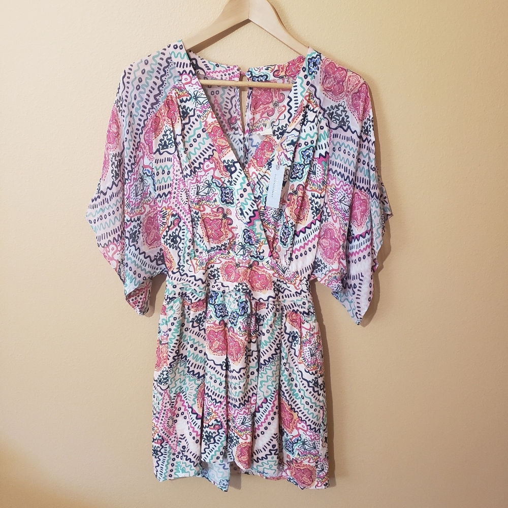 Anthropologie Maeve  Pink / Rose  Print Short Dress 3/4 sleave  New. With tag
